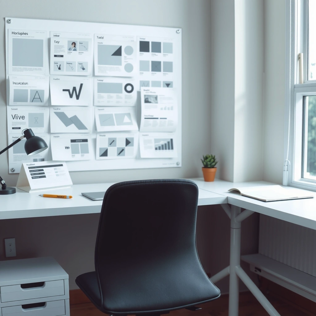 Moderní designové nástroje a layouty na pracovním stole
