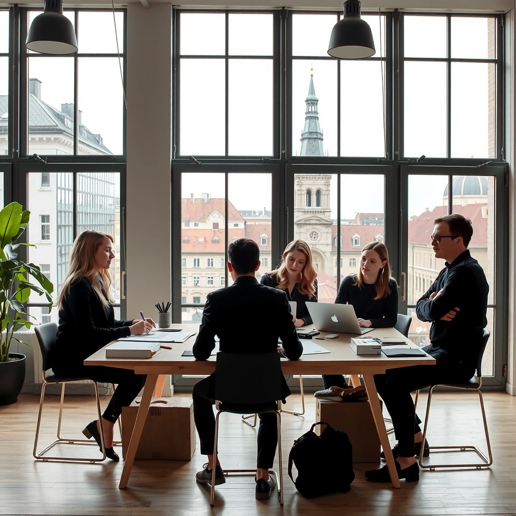 Tým designérů při práci v moderním studiu